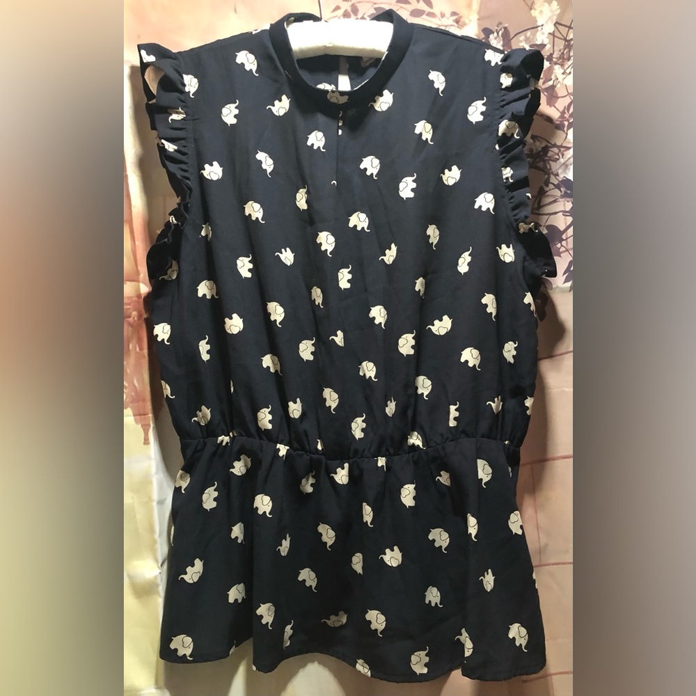 Modcloth Jessy B Elephant Top Ruffle Sleeves Navy & White XL